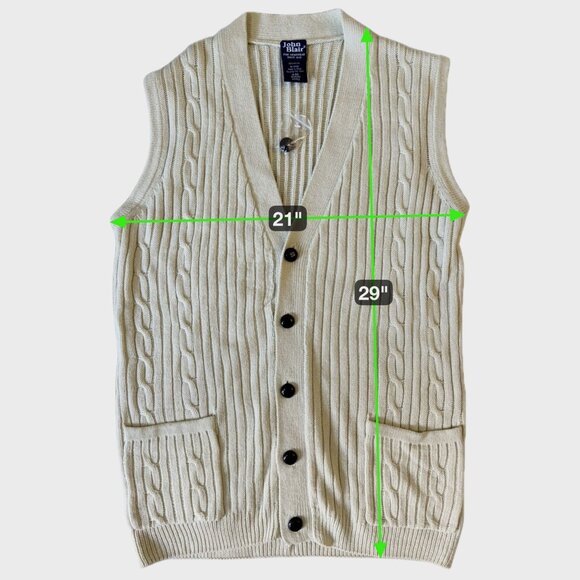 Vintage John Blair Button-Up V-Neck Cable Knit Sweater Vest Cream Men's Medium - Picture 9 of 9